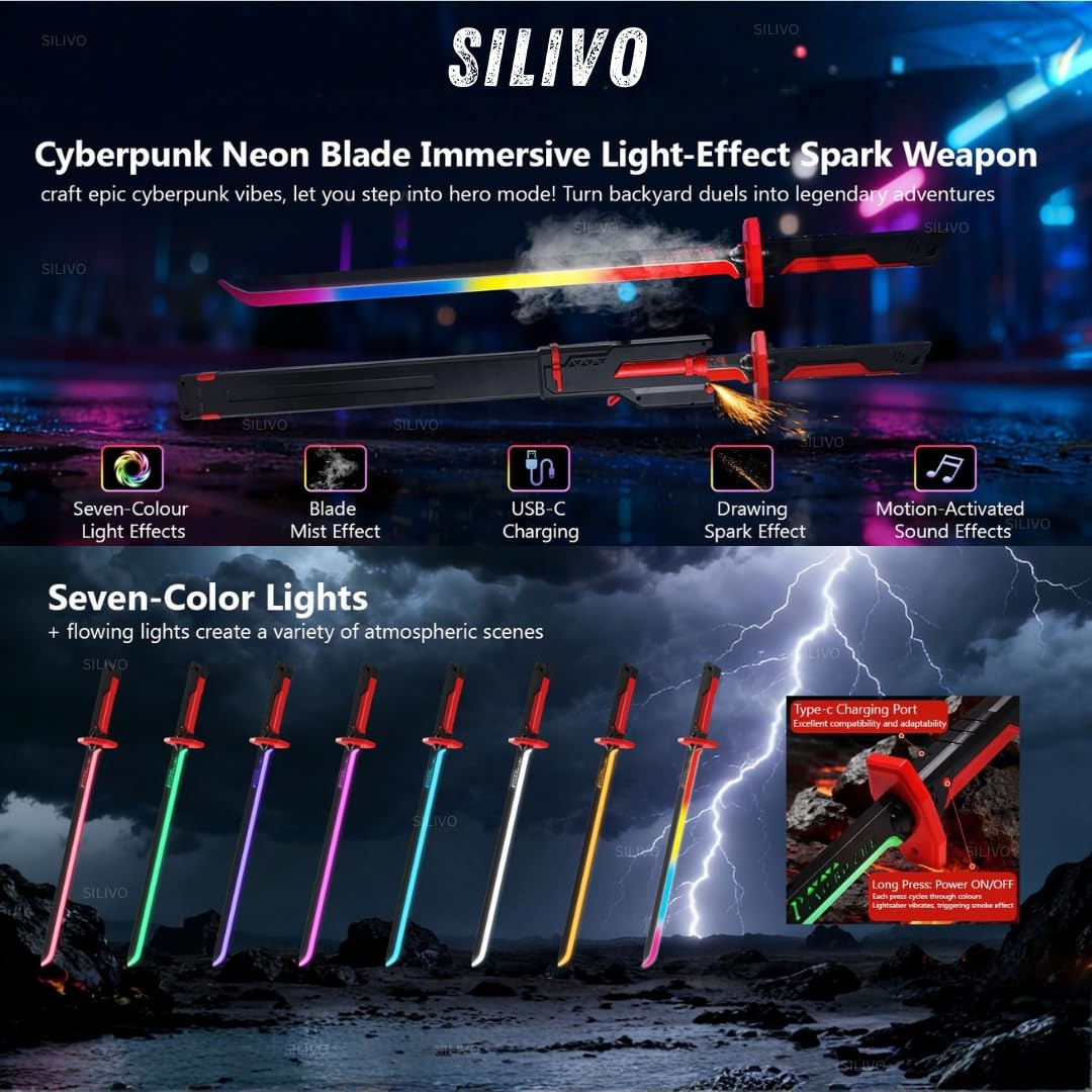 LED Katana Sword with Smoke & Spark Effects, 7-Color Light Blade with Sound FX, Anime-Inspired Cosplay Katana for Roleplay, Halloween, Parties, Collectors, and Display