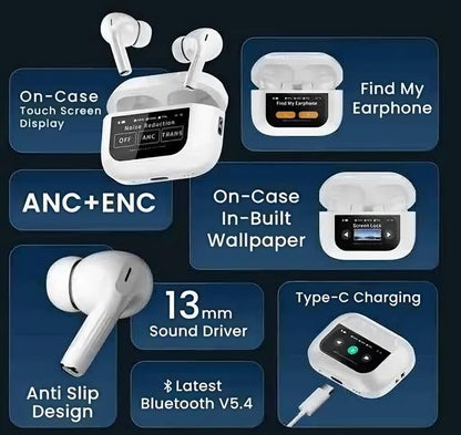 Zappods™ Display Screen 2 Premium Wireless Earbuds + 100% ANC with 1.41" Full HD Touch Screen + GPS Tracking (Find my evopods ) + 13mm High Deep Bass Drivers